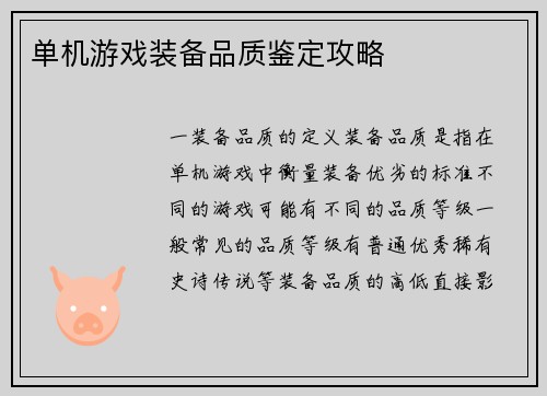 单机游戏装备品质鉴定攻略